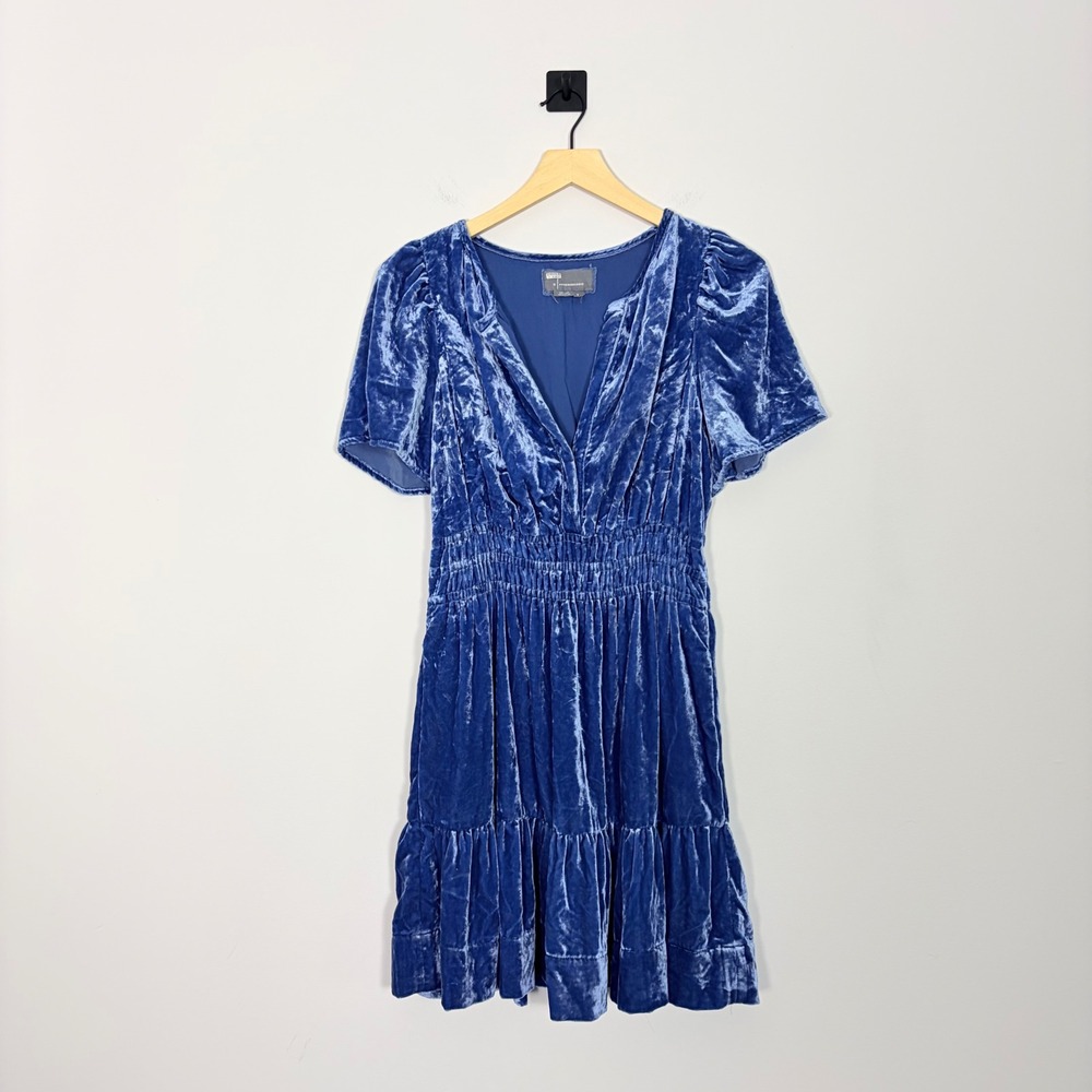 Anthropologie Somerset Blue Velvet Smocked Tiered Mini Dress V-Neck Small - Picture 2 of 9